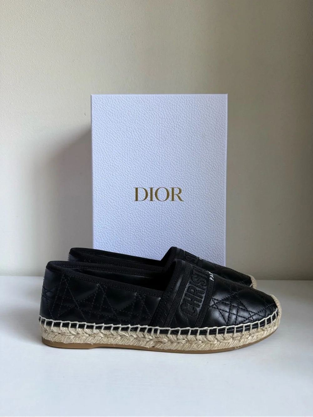 NIB Dior Granville Black Cannage Quilted Leather Espadrilles Logo Band